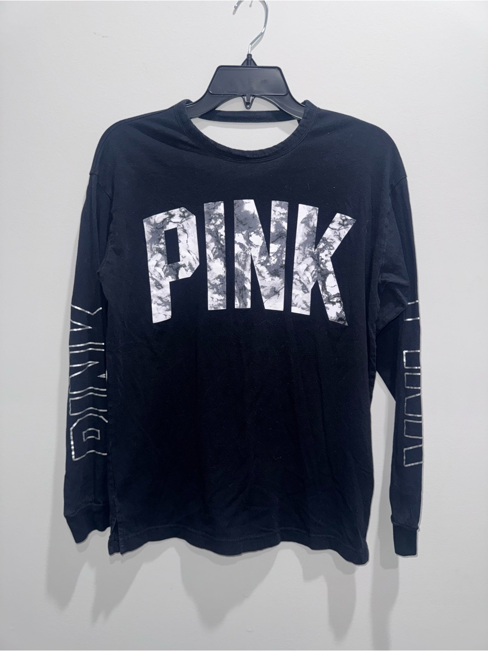 PINK Victoria's Secret Black Long-Sleeve Tee with Marble White Logo